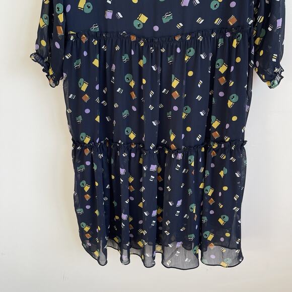 Jian Ruyi 2XL Blue Printed Semi Sheer Tiered Midi Dress Sheer Puff Sleeves - Picture 5 of 11